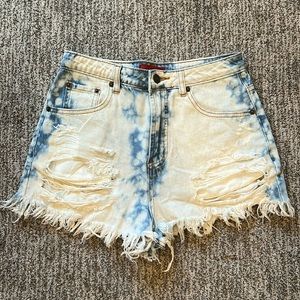 Distressed Tie Dye Jean High Waisted Shorts